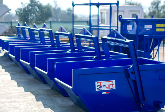 A row of blue heavy-duty Boat Skip branded with the Skylift logo