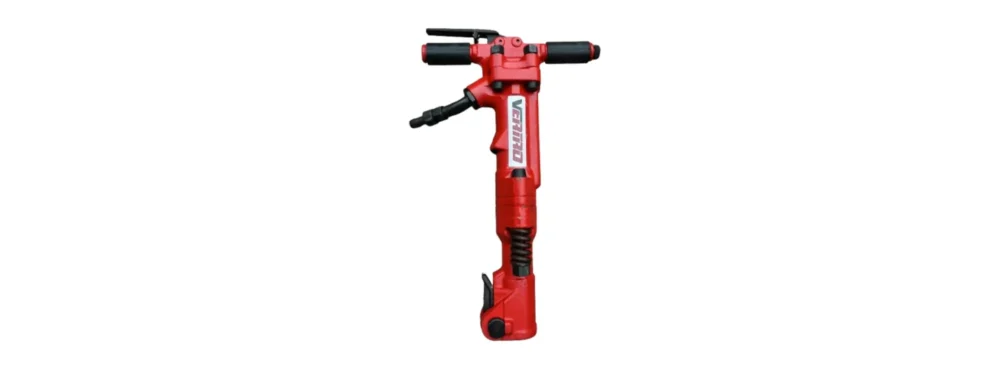 Red pneumatic jack hammer drill with side handles for concrete breaking, isolated on white background