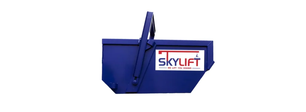 Blue self dumping boat skip with lifting hook for offshore material handling, isolated on white background