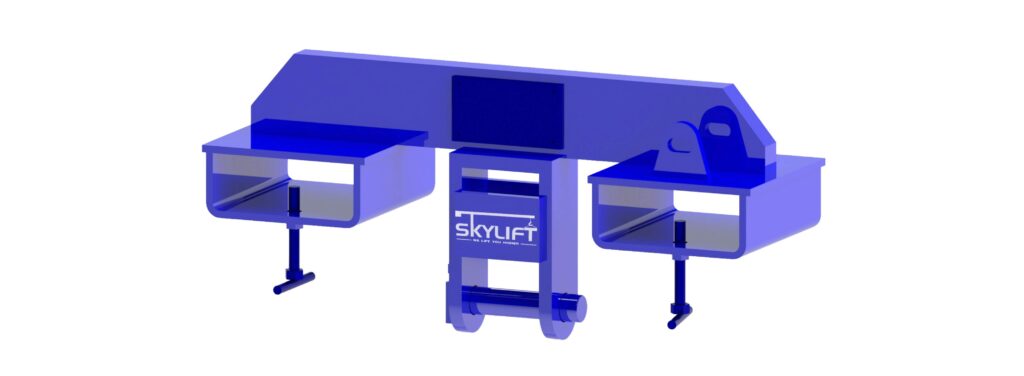 A blue Skylift block grab fork attachment with two fork pockets, isolated on a white background.